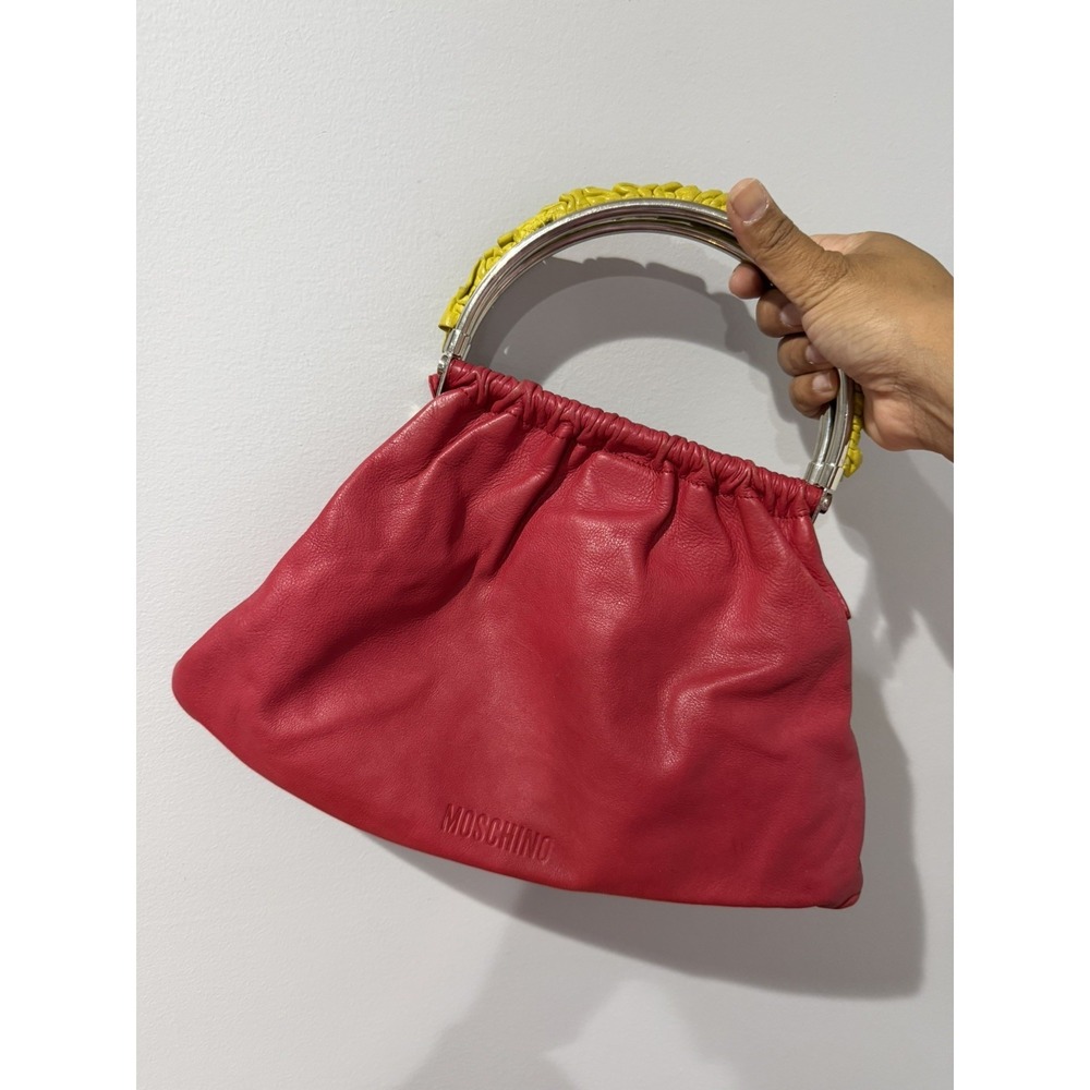 MOSCHINO Genuine Leather hand bag Red Metal Handles with Yellow Leather Ruffles